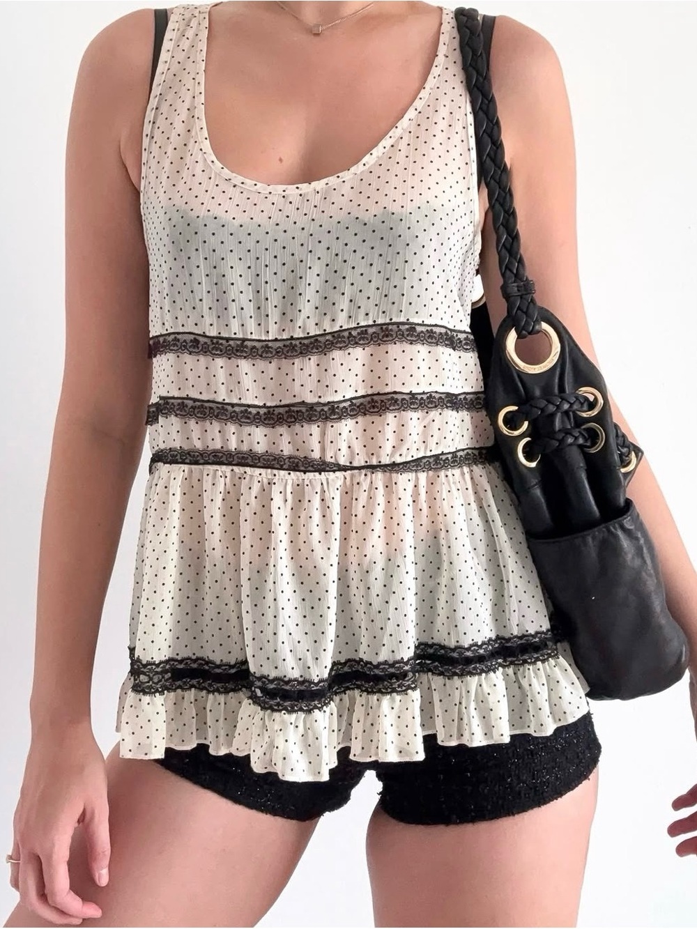 Monteau Lace Cream Polka Dot Tank with Black Dots